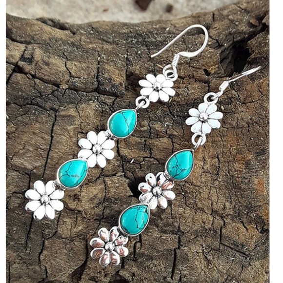 BellanBlue Jewelry - Boho Silver Tone Floral Turquoise Drop Long Earrings